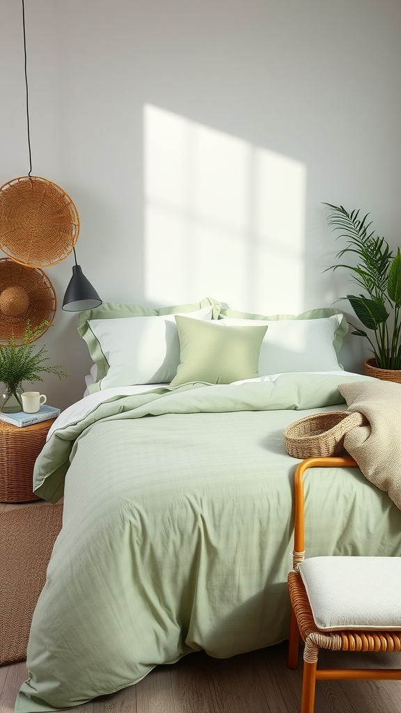 A cozy sage green bedroom featuring coordinated bedding, rattan touches, and cozy spring vibes.