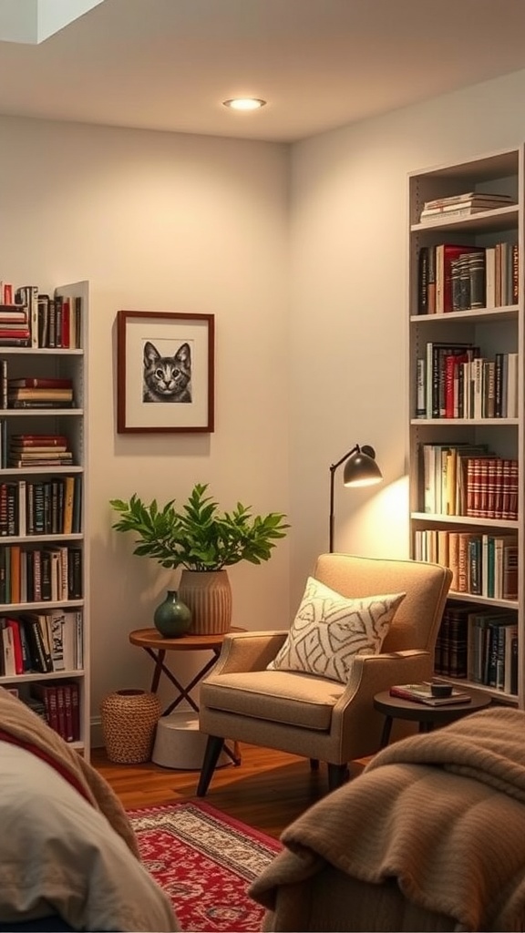 A cozy reading nook with a comfortable chair, bookshelves filled with books, and warm lighting.