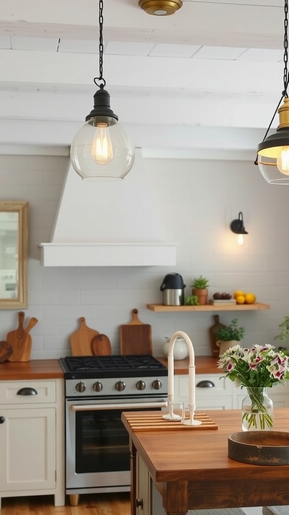 A cozy cottage kitchen featuring pendant lighting and wall sconces.