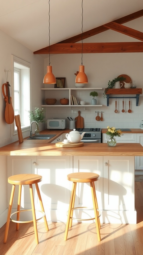 Cozy breakfast bar with wooden stools in a bright kitchen