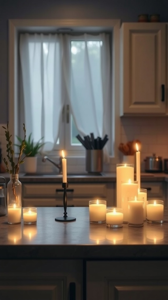 A cozy candle arrangement on a kitchen counter with various sizes of candles and soft lighting.
