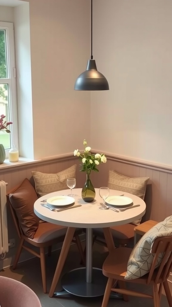 Cozy corner kitchen nook with a round table, comfortable chairs, and a vase of flowers.