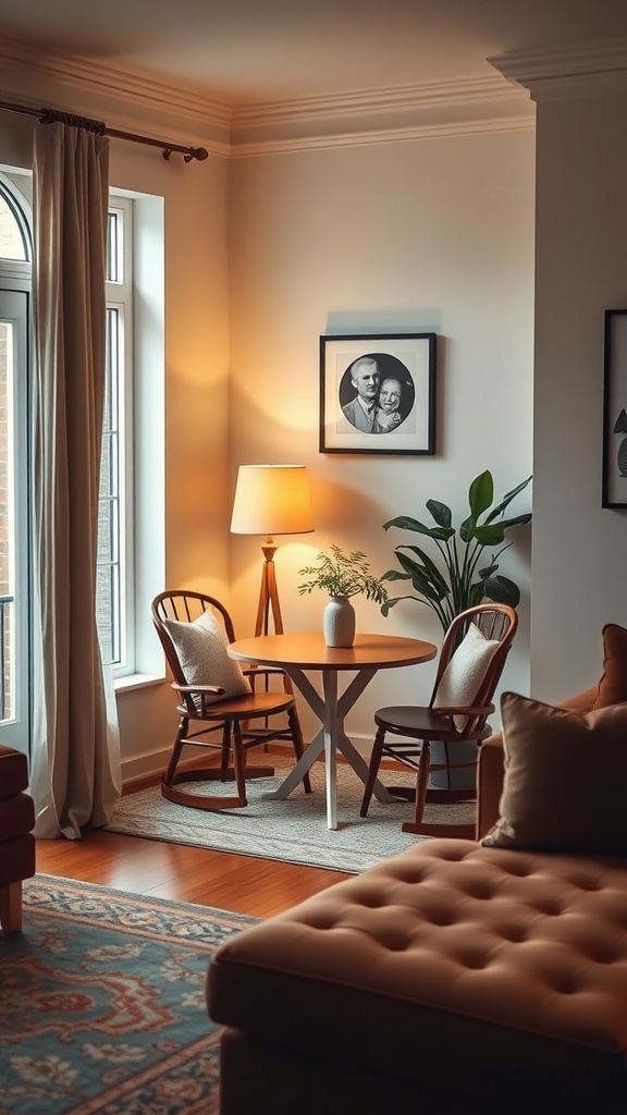 Cozy corner nook with a round table, chairs, and a plant.