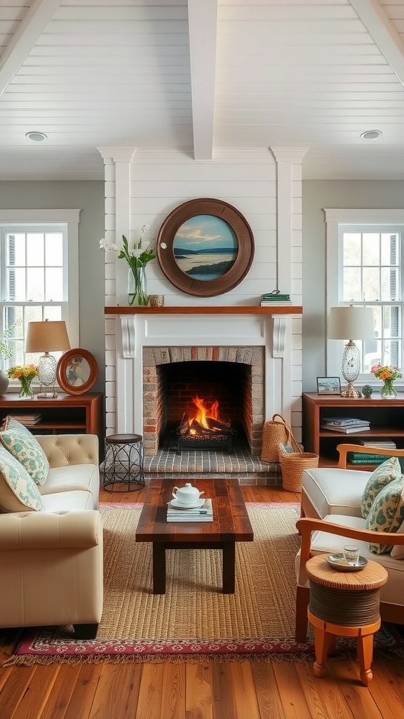 Cozy coastal cottage living room with a fireplace and comfortable seating.