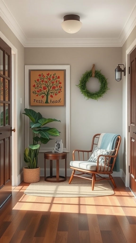 Cozy reading nook in an entryway with a chair and plants.