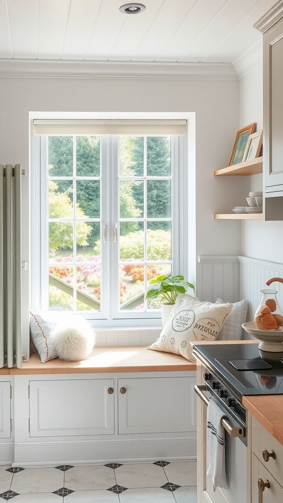 Cozy kitchen nook with a window seat and cushions.