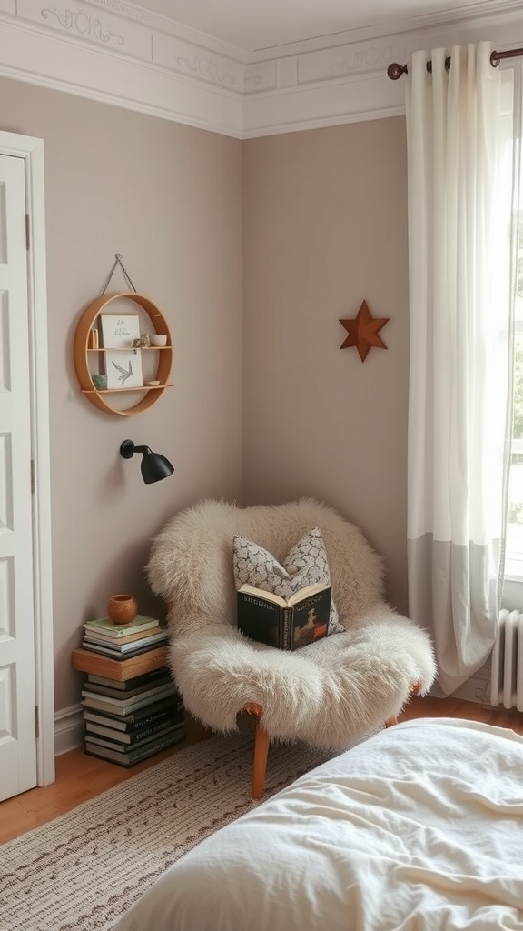 A cozy reading corner with a fluffy chair, books stacked beside it, and a warm atmosphere.