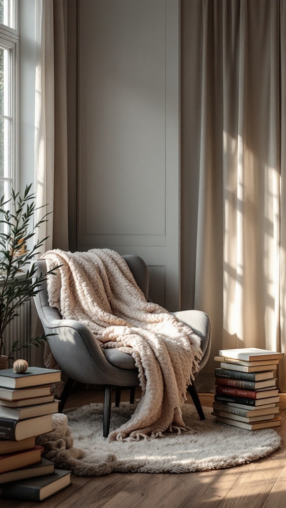 A cozy reading nook with a plush chair, soft blanket, and stacks of books.