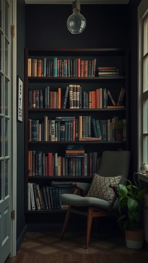 A cozy reading nook with bookshelves, a comfortable chair, and a plant in a dark boho living room.