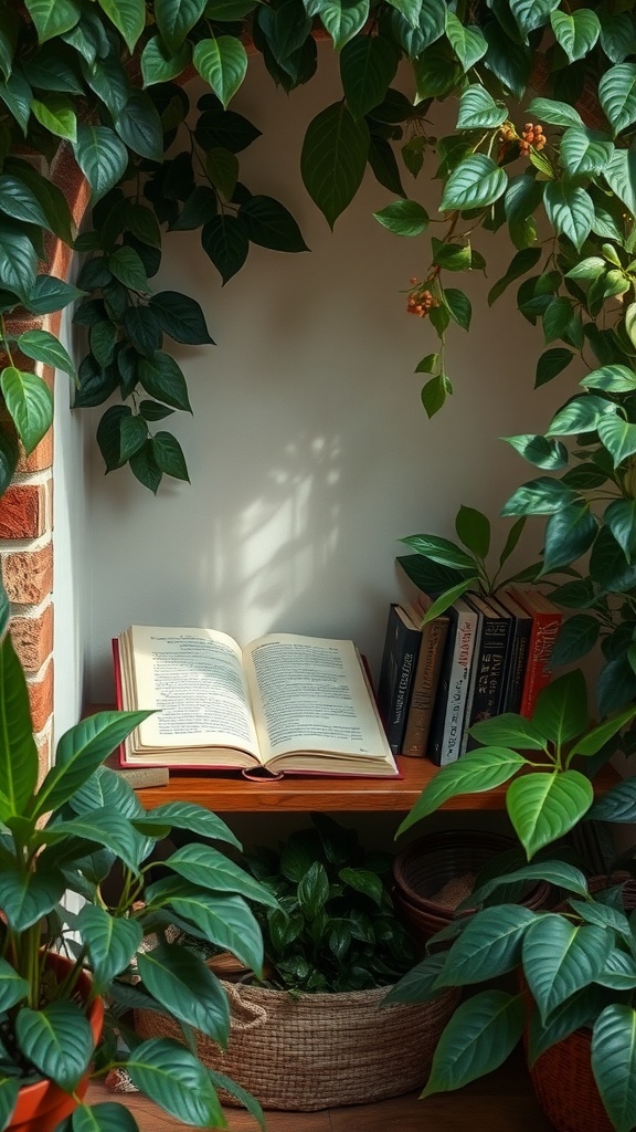 Cozy reading nook with an open book and surrounded by plants