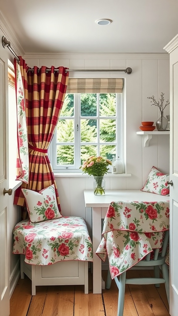 A cozy cottage kitchen with floral textiles on cushions and curtains.