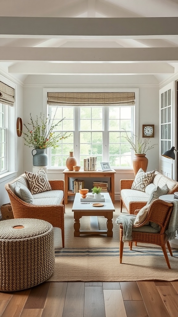 A cozy coastal living room featuring woven furniture, soft fabrics, and natural light.