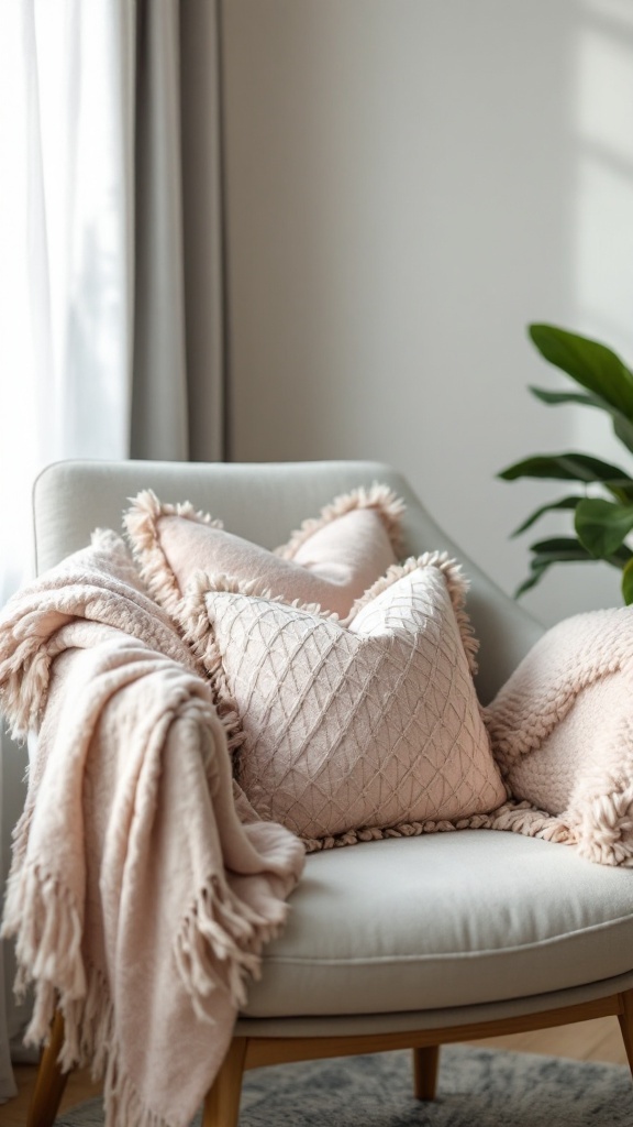 A cozy chair with soft throw pillows and a blanket in a light-colored room.
