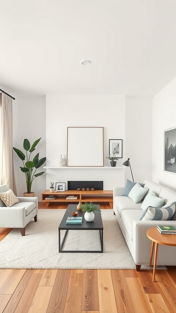 A bright and balanced living room featuring light-colored furniture, a stylish coffee table, and decorative plants.