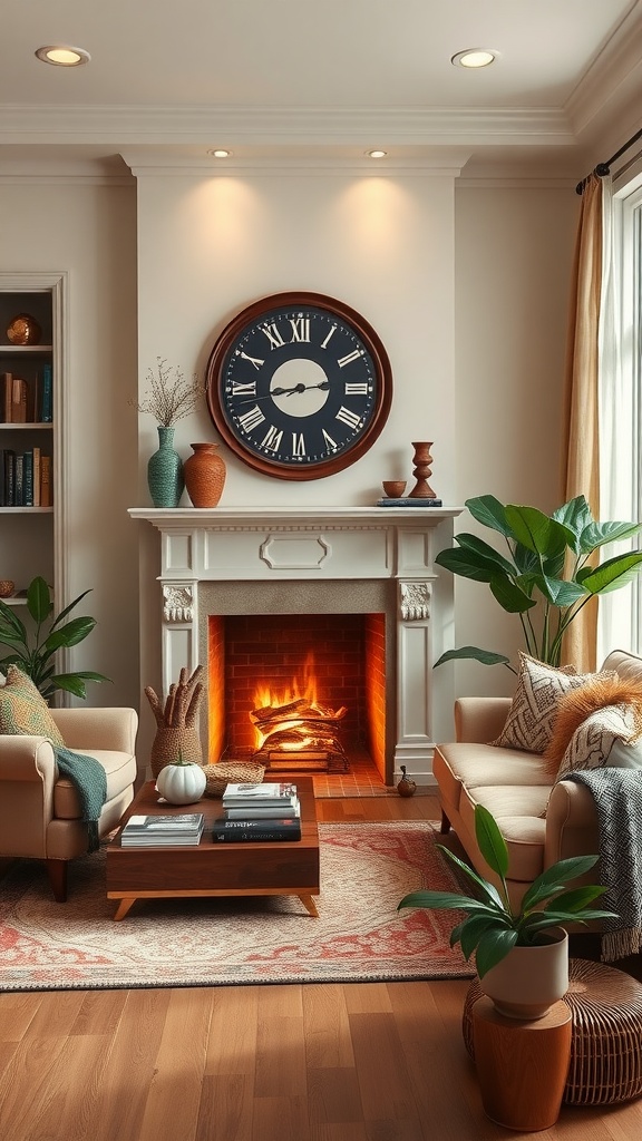 Cozy living room with a fireplace, plants, and comfortable seating