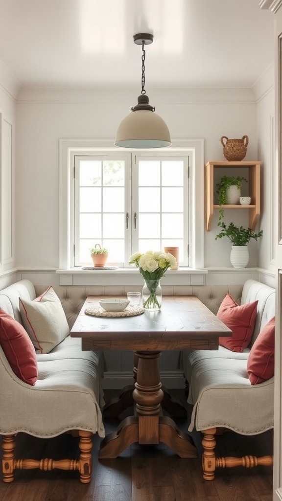 Cozy kitchen nook with a wooden table, comfortable seating, and fresh flowers.