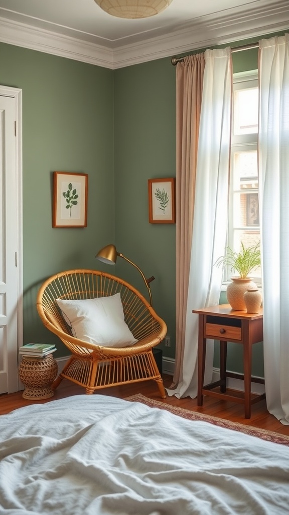 Cozy reading nook with rattan chair and sage green walls