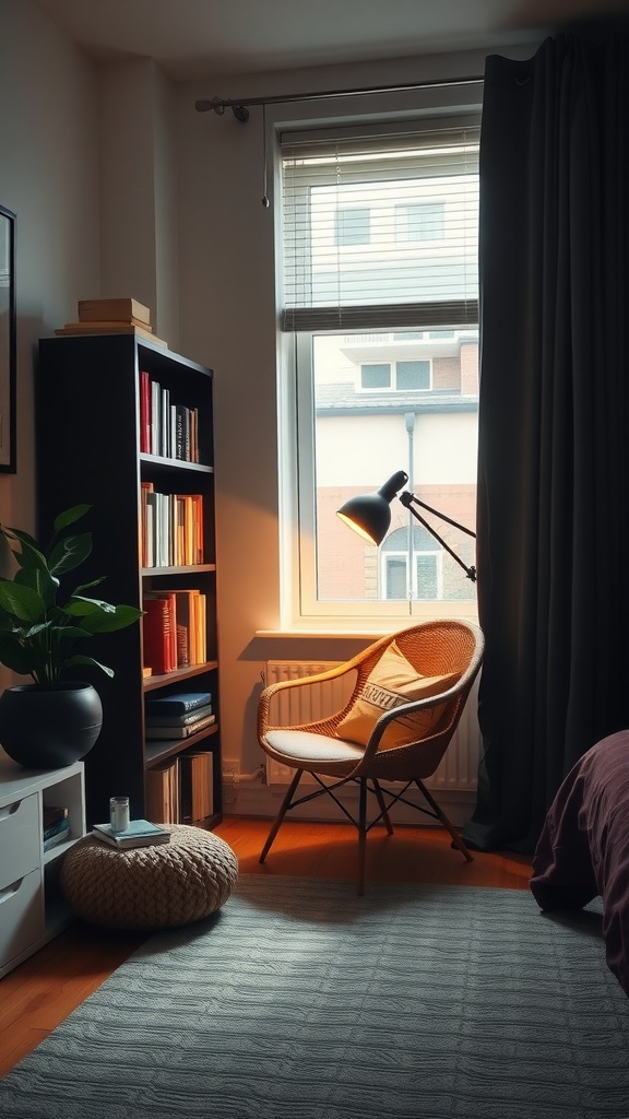 Cozy reading nook with a chair, bookshelf, and warm lighting.
