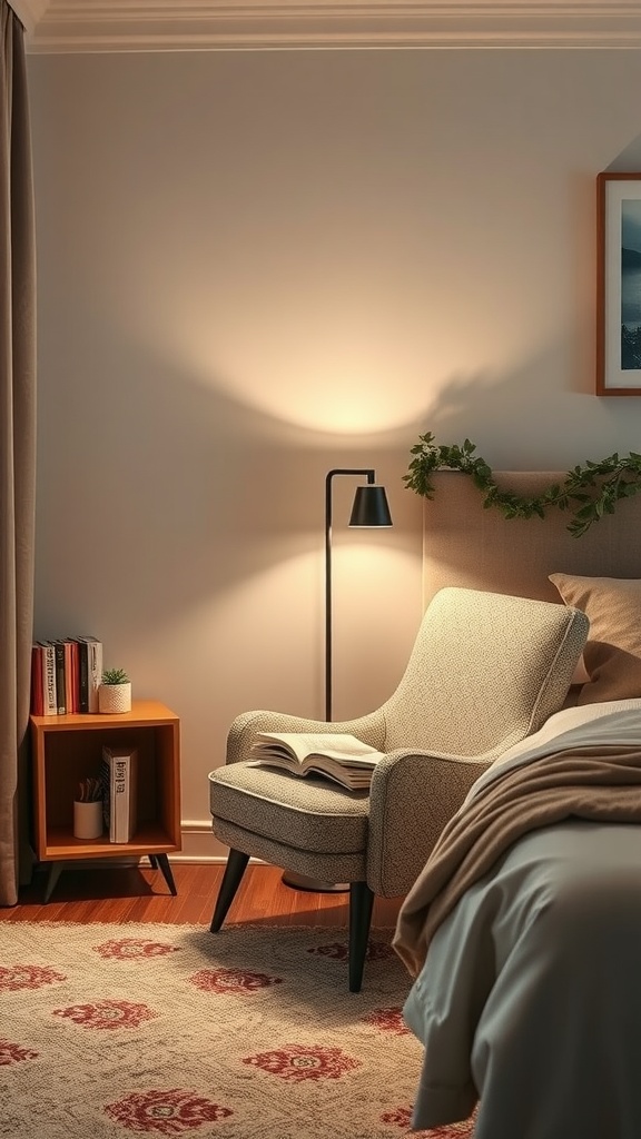 A cozy reading nook with a comfortable chair, blanket, and soft lighting.