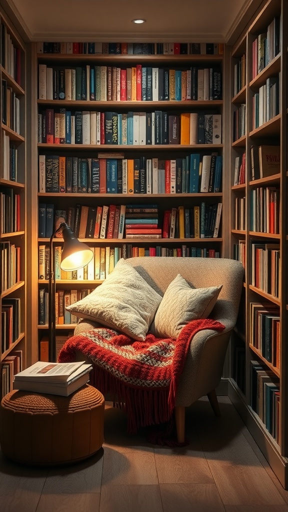 A cozy reading nook with a comfortable chair, pillows, and a small table surrounded by bookshelves.