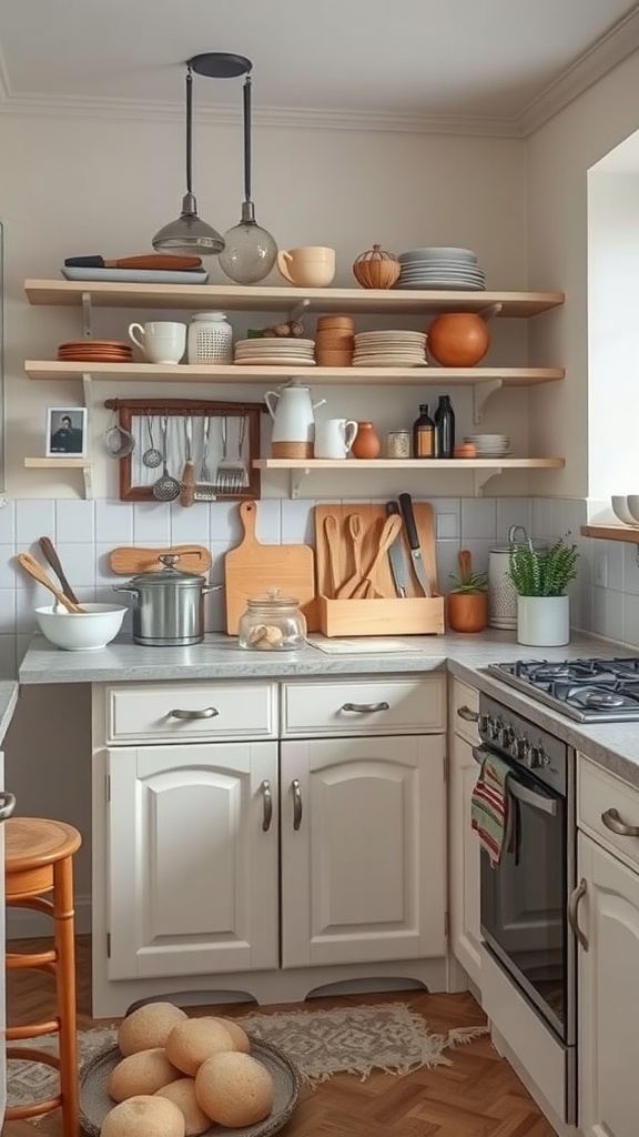 A French country kitchen with wooden shelves displaying baking tools and ingredients.
