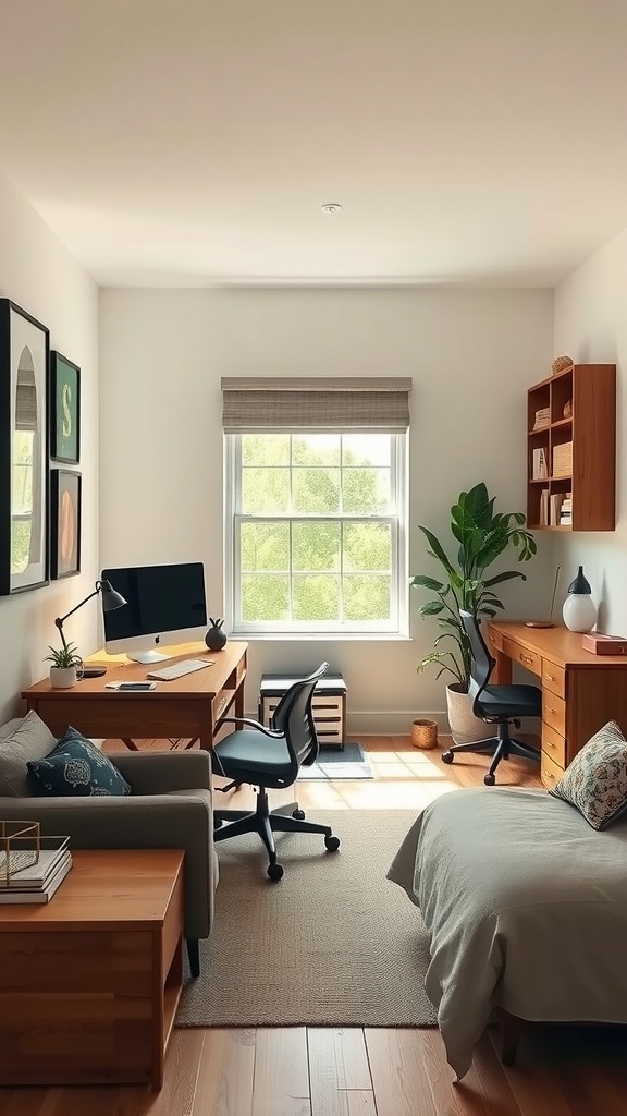 A cozy room with a desk, chair, and sofa, showing a dual-purpose guest bedroom and office setup.