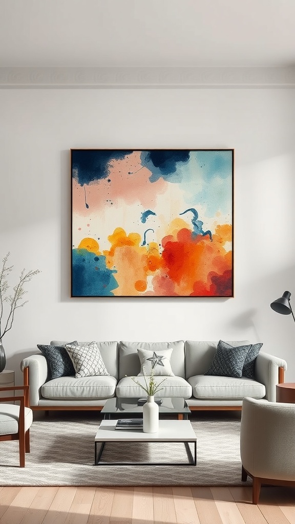 A modern living room with a large, colorful abstract painting above a light gray sofa, featuring decorative pillows and a simple coffee table.