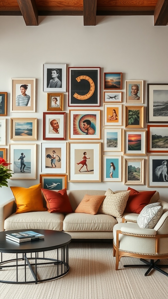 A cozy living room with a gallery wall made of various framed artworks and photos.