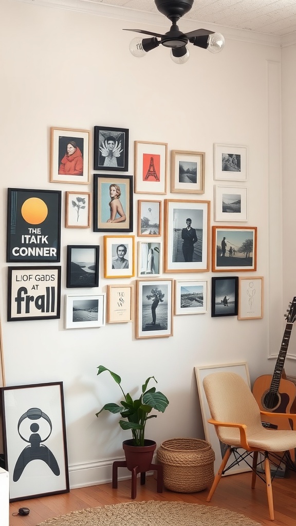 Gallery wall featuring a variety of framed art and photographs in a cozy living room.
