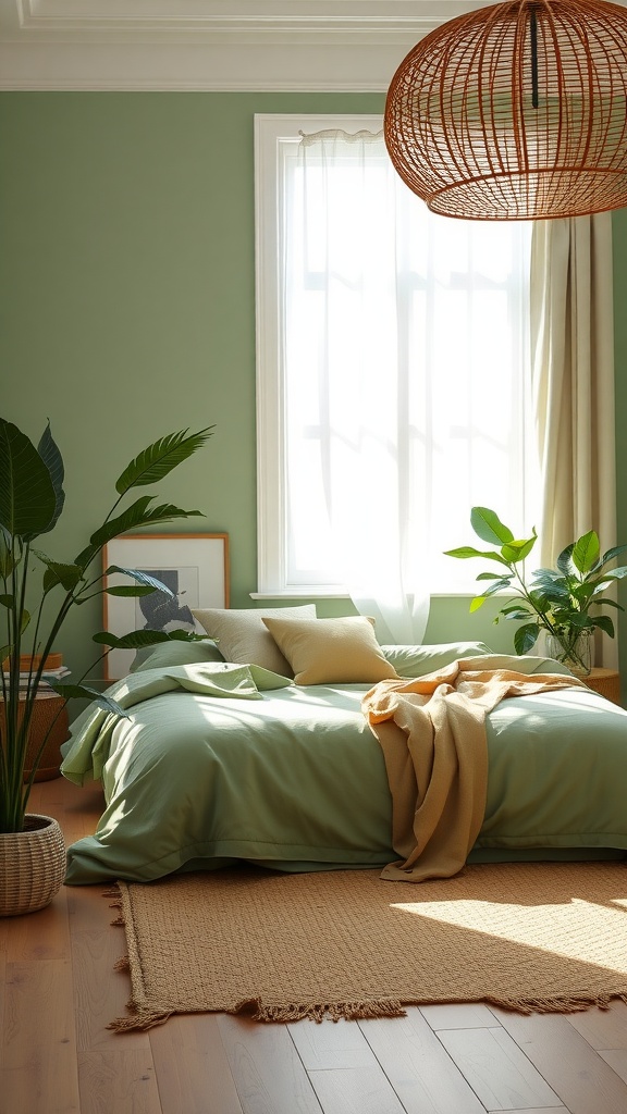 A cozy sage green bedroom with rattan decor and plants, featuring warm textures.
