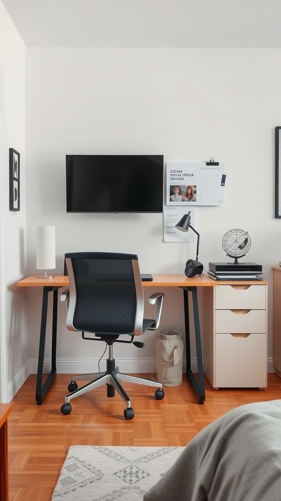 Home office corner in a studio apartment with a desk, chair, and decorative items.
