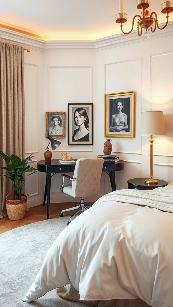 Elegant bedroom with a desk, stylish art, and cozy decor.