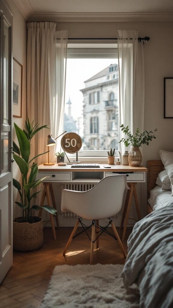 Cozy guest bedroom office with a desk by the window and plants.