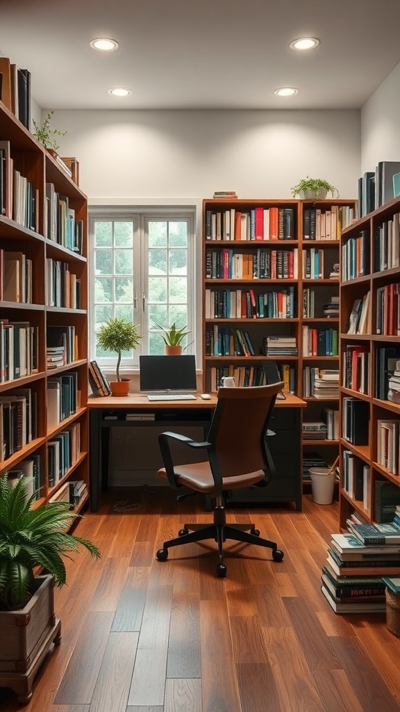 A serene workspace corner with bookshelves, a desk, and a comfortable chair.
