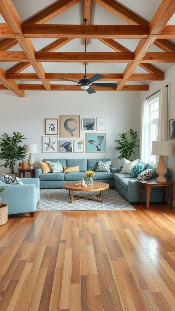 A cozy living room with blue furniture, wooden beams, and themed decor featuring marine elements.