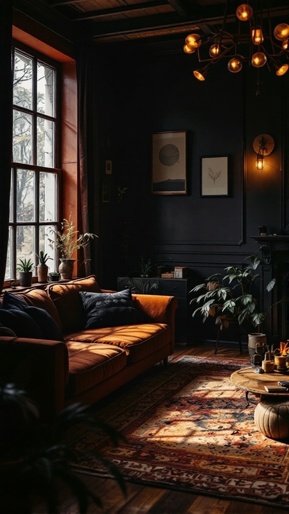 A cozy living room with warm lighting and black and rust decor.