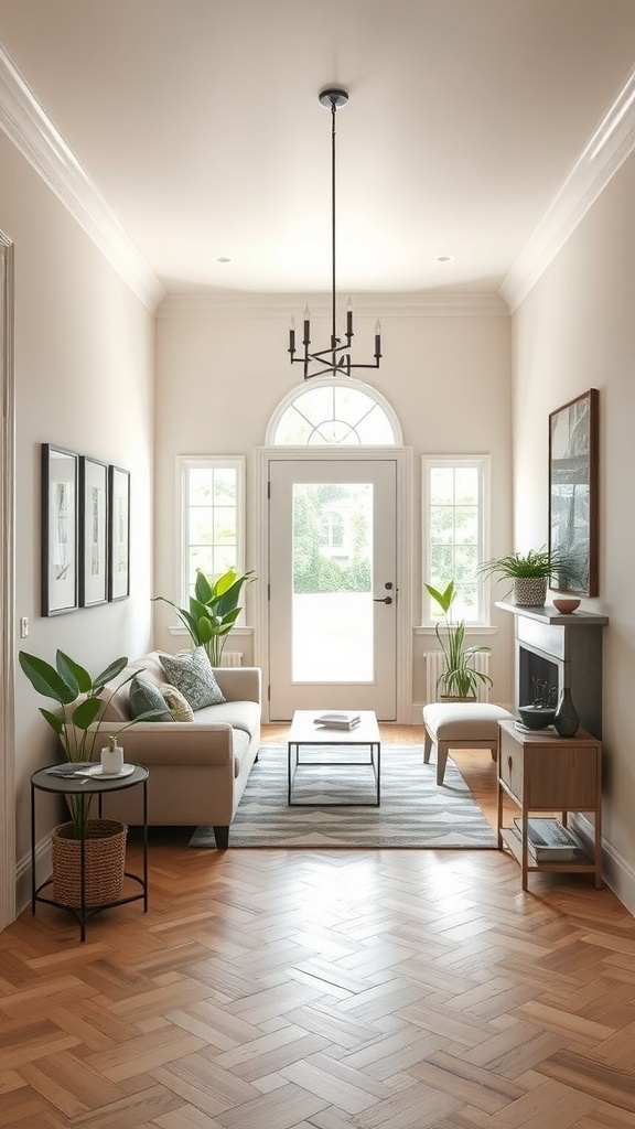 A bright entryway featuring a sofa, plants, and a decorative table.