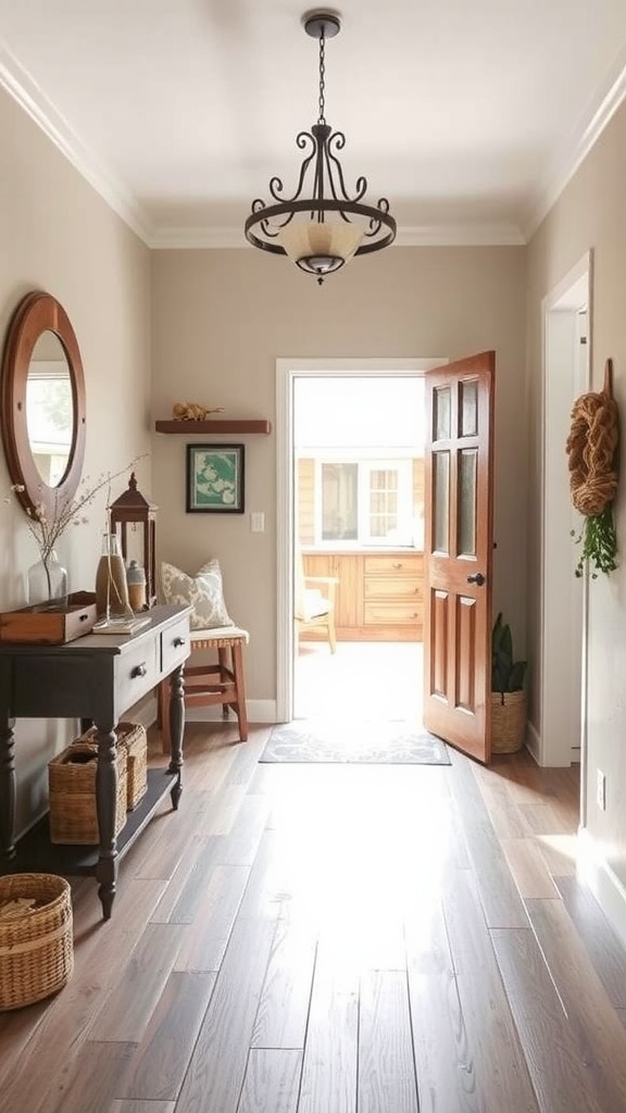 A cozy entryway with a welcome sign, a rug, and decorative storage.