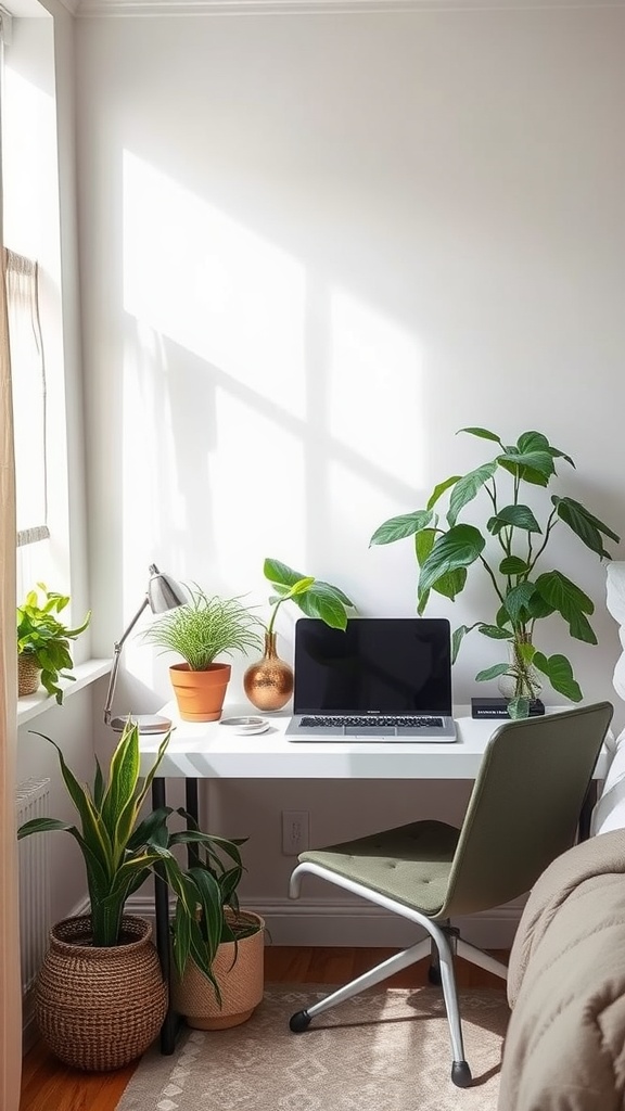 A cozy desk space with plants and sunlight, perfect for a calming work environment.