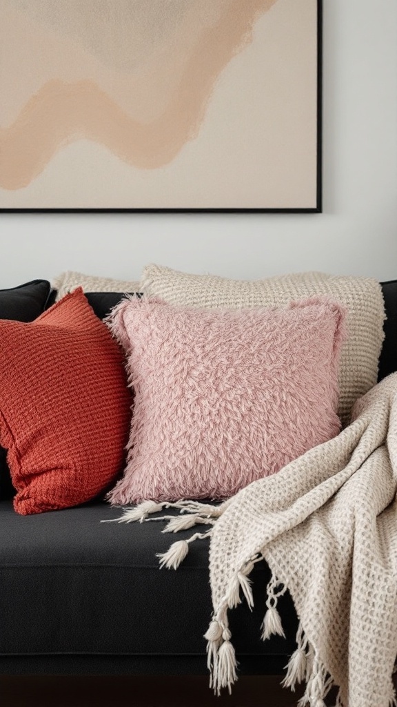 Cozy living room setup featuring pillows and a blanket on a dark sofa with abstract art above.