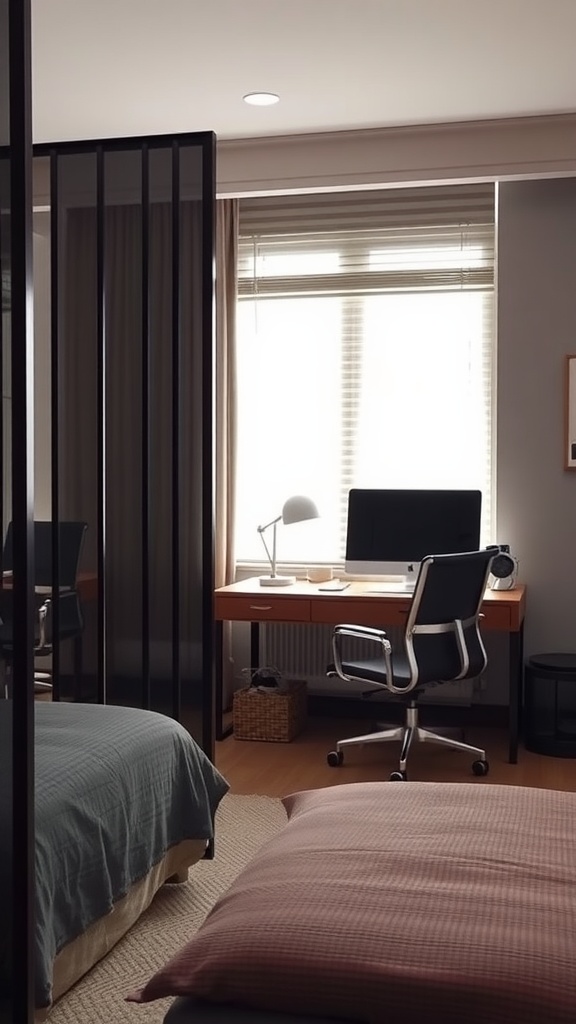 A cozy guest bedroom and office space featuring a partition for privacy.