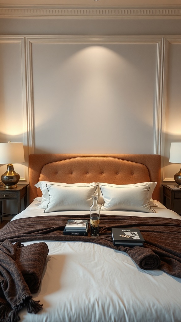 A well-decorated bed with an elegant headboard, matching pillows, and neatly arranged throws.