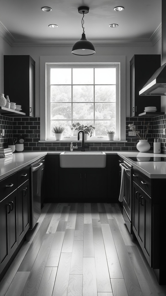 A cozy black and white kitchen featuring a window, cabinetry, and wooden flooring.