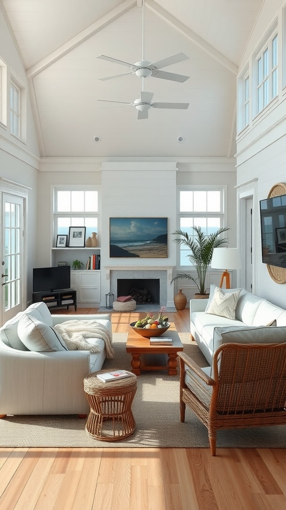 Coastal cottage living room with cozy seating areas and natural light.