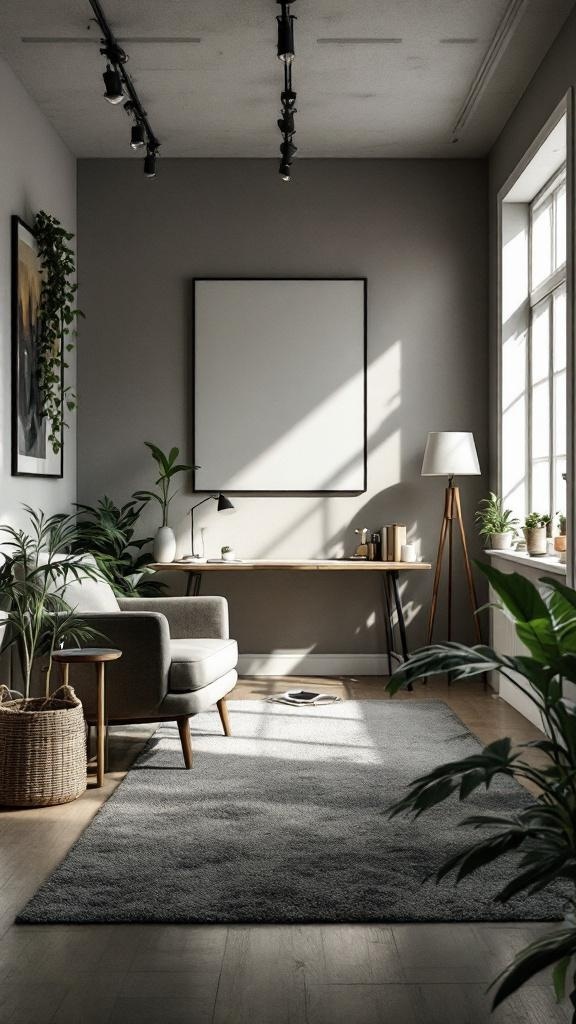 A guest bedroom/office featuring a cozy chair, desk, and plants.
