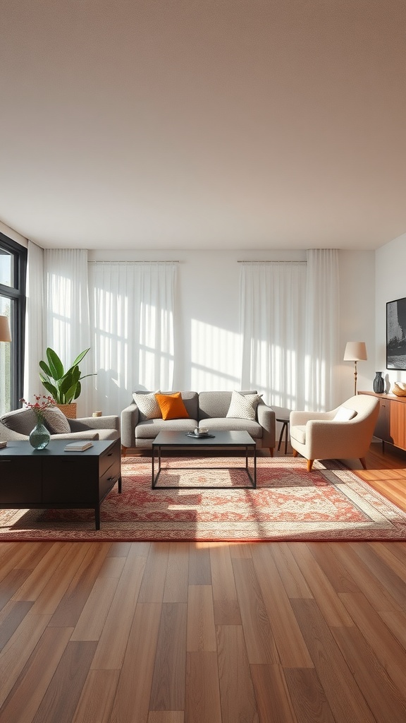 A cozy living room featuring a rug that defines distinct areas.