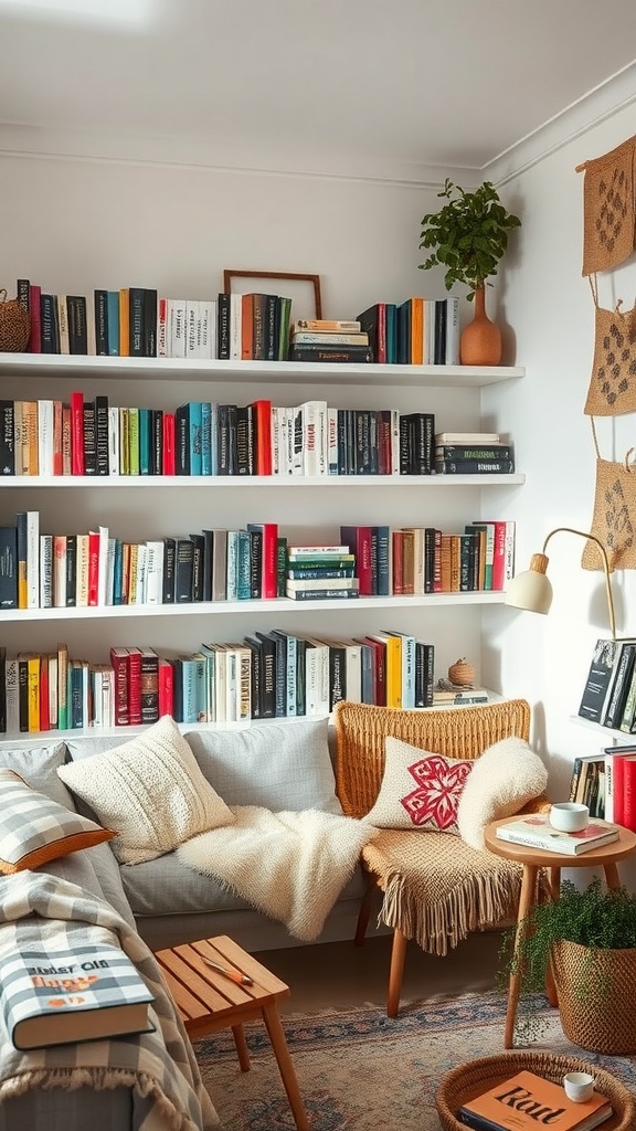 A cozy reading nook with a comfortable sofa, colorful bookshelves, and soft cushions.