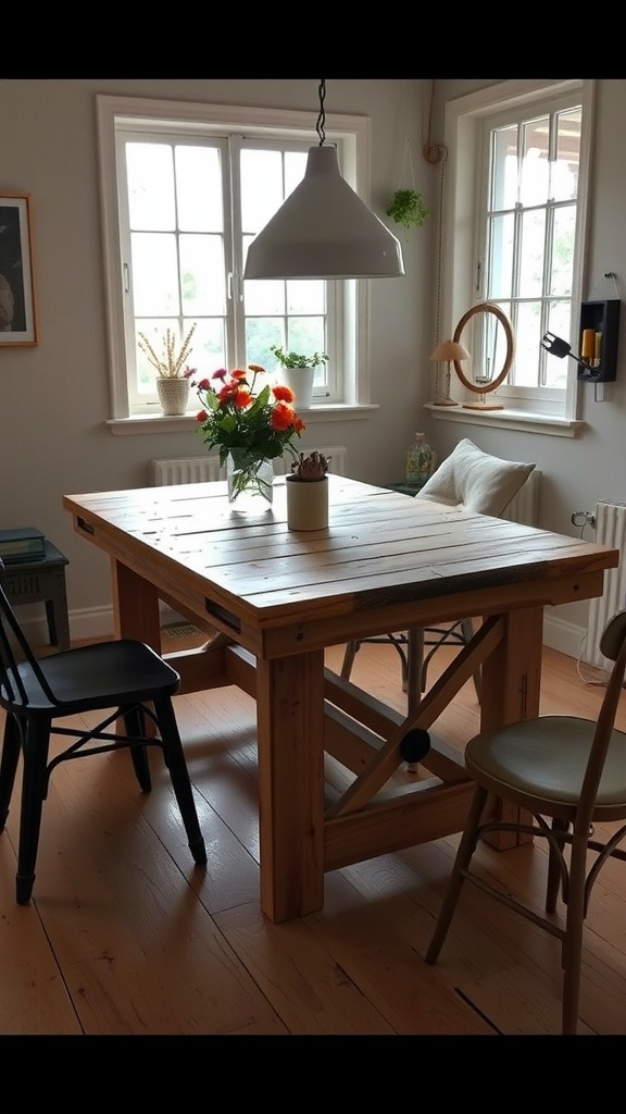 A creative DIY kitchen table made of wooden planks, surrounded by chairs and a bright floral centerpiece.