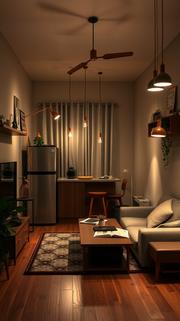 A cozy living room with creative lighting fixtures, including pendant lights and a stylish floor lamp.