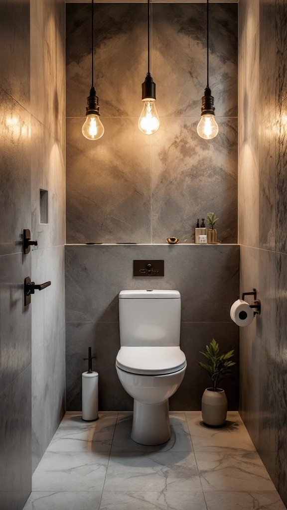 A stylish small downstairs toilet with three hanging light bulbs and modern decor.